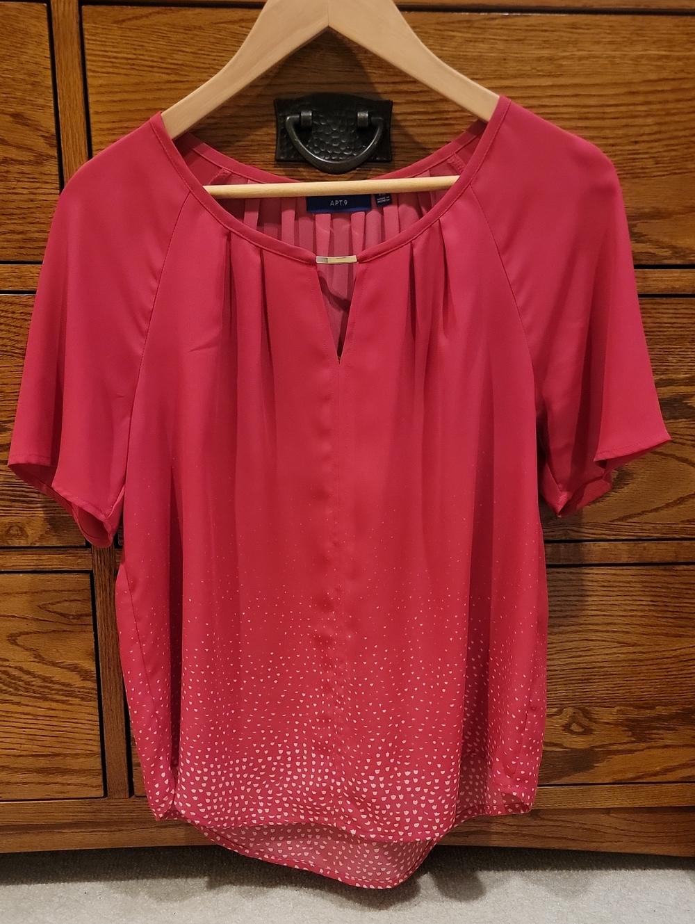 Apt. 9 Hot Pink Short-Sleeve Blouse with Small White Hearts  Hem Detail